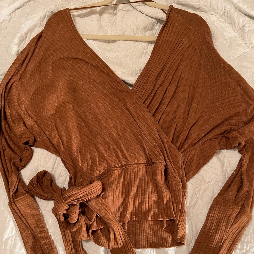 Free People Brown Blouse Top With Bow Detail